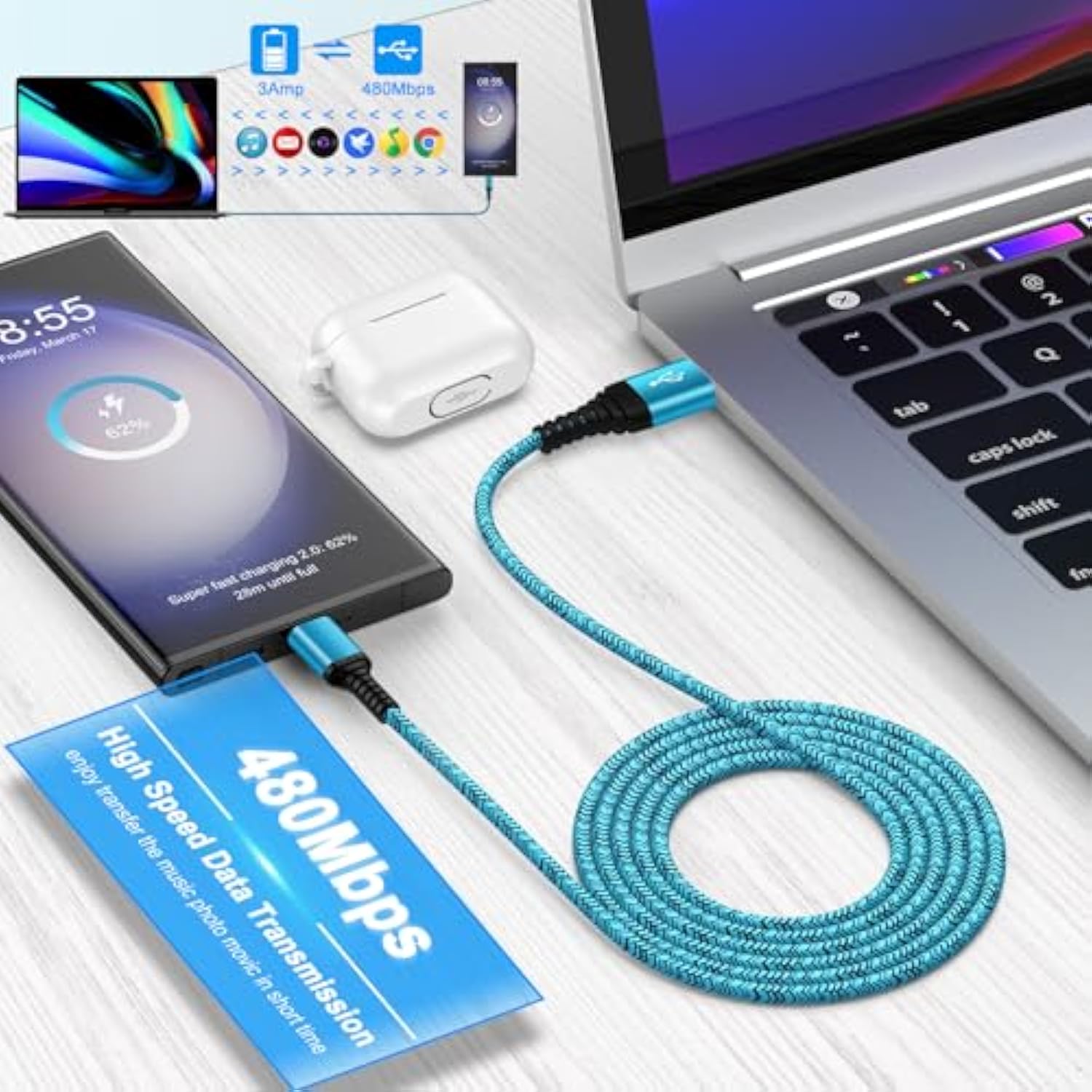 Usb C Charger Cable Fast Charging 3 Pack 6Ft For Iphone 16 15 Pro Max/15 Plus/15 Pro/15, 3.1A Braided Car Cord Usb A To Usb C Android Phone Power Cord For Samsung Galaxy S24 A54 A14 S23 Ultra S22 S21