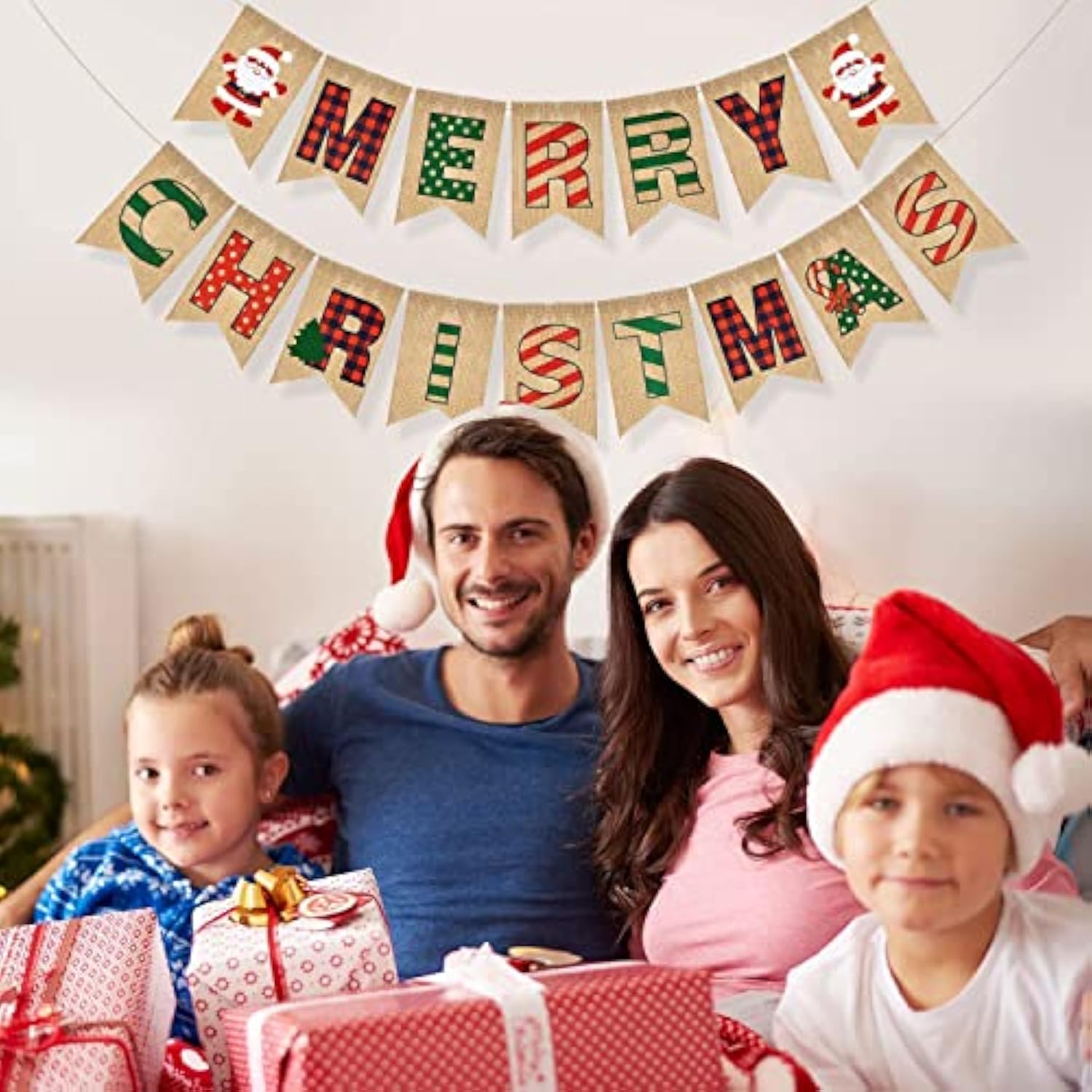 Merry Christmas Banner Burlap, Christmas Banner For Mantle With Santa Claus Sign For Indoor Outdoor Party Decoration