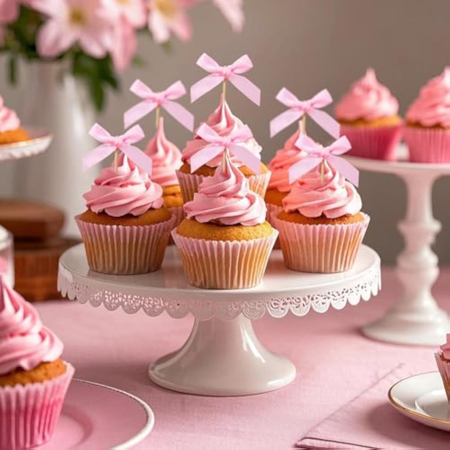 48Pcs Pink Bow Cupcake Toppers, Pink Bow Cake Topper Birthday Decorations, Mini Bowknot Cupcake Picks For Coquette Theme Party Decoration Bachelorette Bridal Engagement Wedding Baby Shower Party Decor