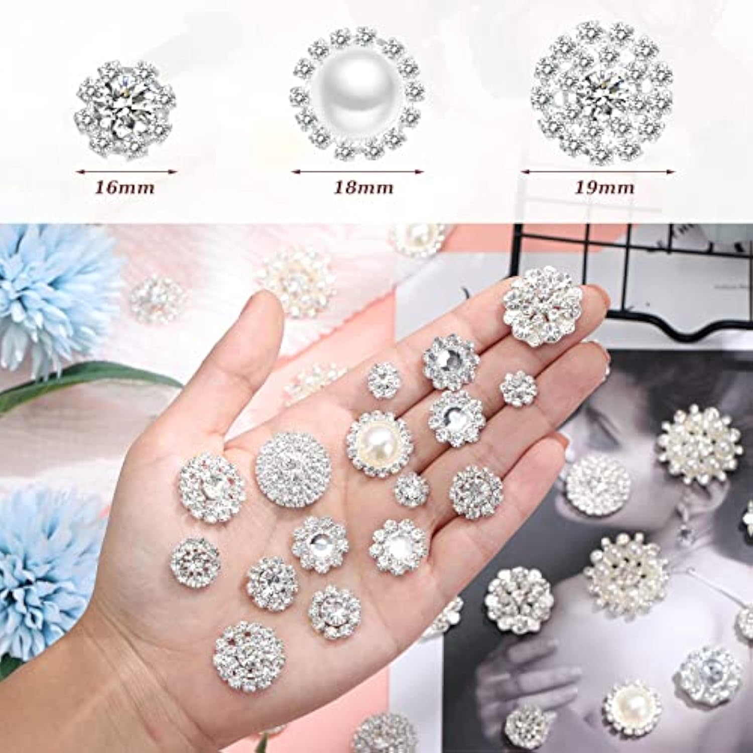 50 Pcs Faux Pearl Buttons Rhinestones Embellishments Retro Flatback Rh