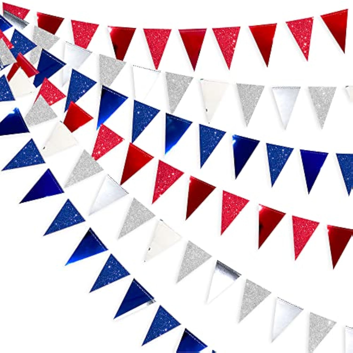 30 Ft Red Silver Blue Triangle Pennant Banner Bunting Double Sided Gli