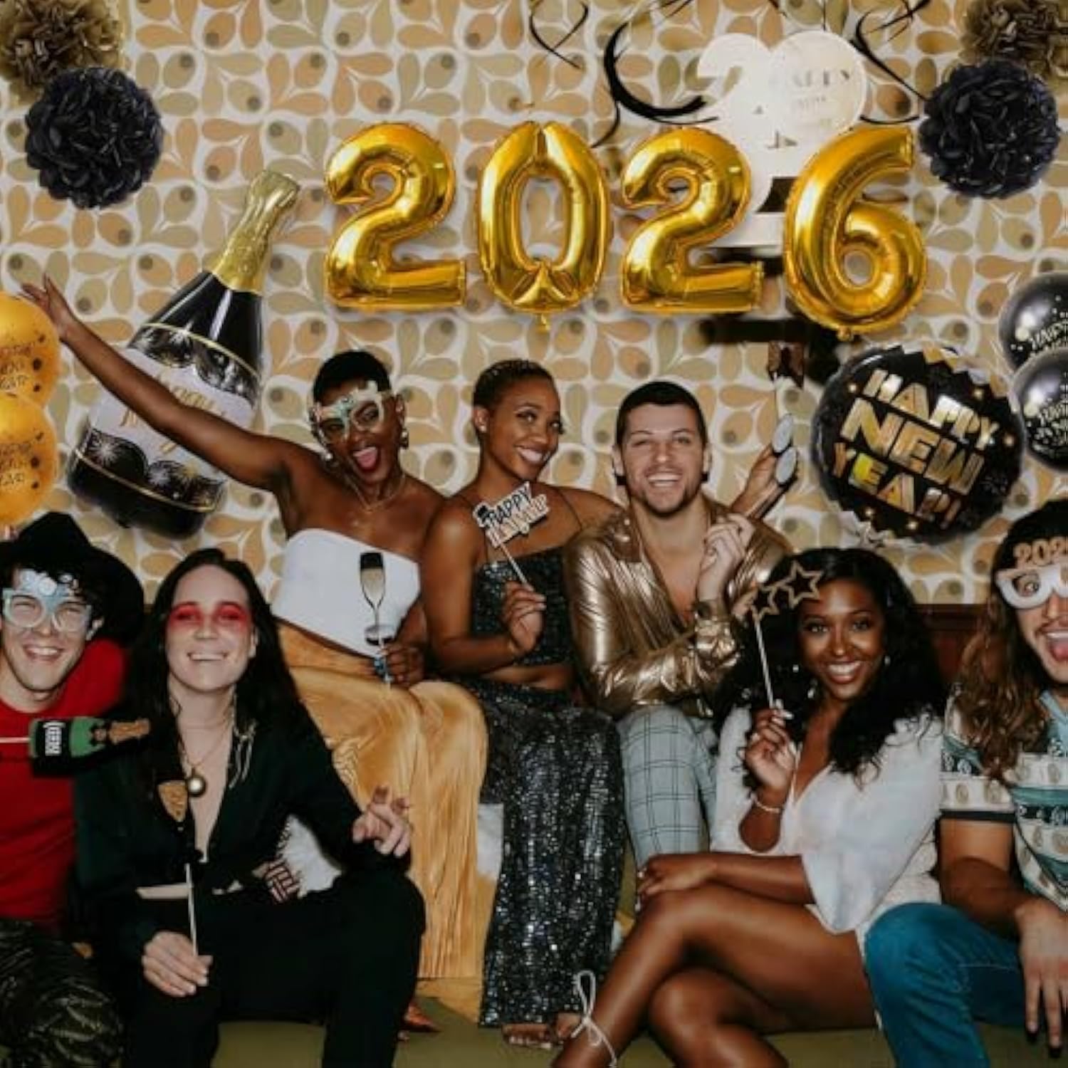 Happy New Year 2026 Party Supplies Foil Balloons Banner Streamers Pom Poms