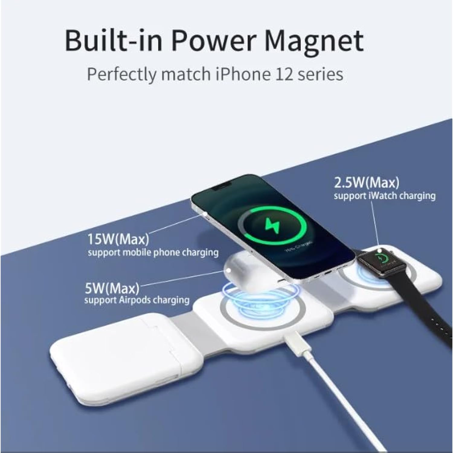 2 In 1 Foldable Magnetic Wireless Charger - Travel Size Charging Pad For Iphone 16 15 14 13 12 Pro Max Plus Watch & Wireless Ear Buds Including Multi Usb Travelling Adapter
