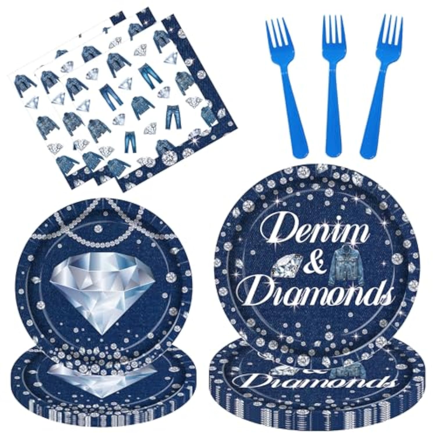 Denim And Diamonds Party Decorations Denim And Diamonds Birthday Plates And Napkins Forks Denim Themed Jeans Disposable Table Decor Supplies For Bachelor Bridal Shower Party Decor