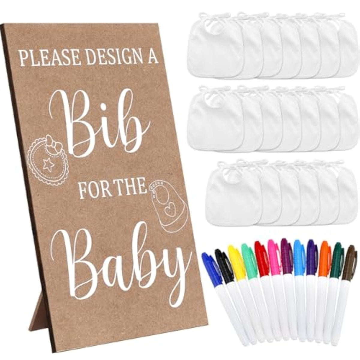 43 Pcs Baby Shower Games White Bibs Design, Include Wooden Baby Shower Game Sign, 30 Diy Blank White Bibs, 12 Markers For Gender Reveal Party Decorating Supplies(Classic Style)