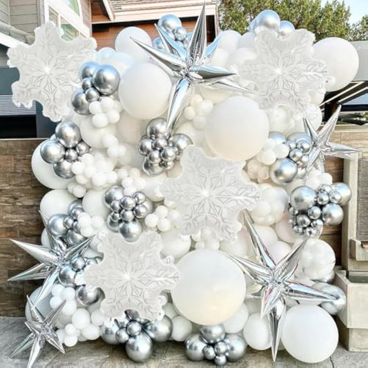Metallic Silver And White Balloon Arch 128Pcs Winter Wonderland Snowflake Balloon Arch Perfect For Christmas Decor Snowman Birthday Parties, New Year,Princess Party, And Snowflake Party Decorations