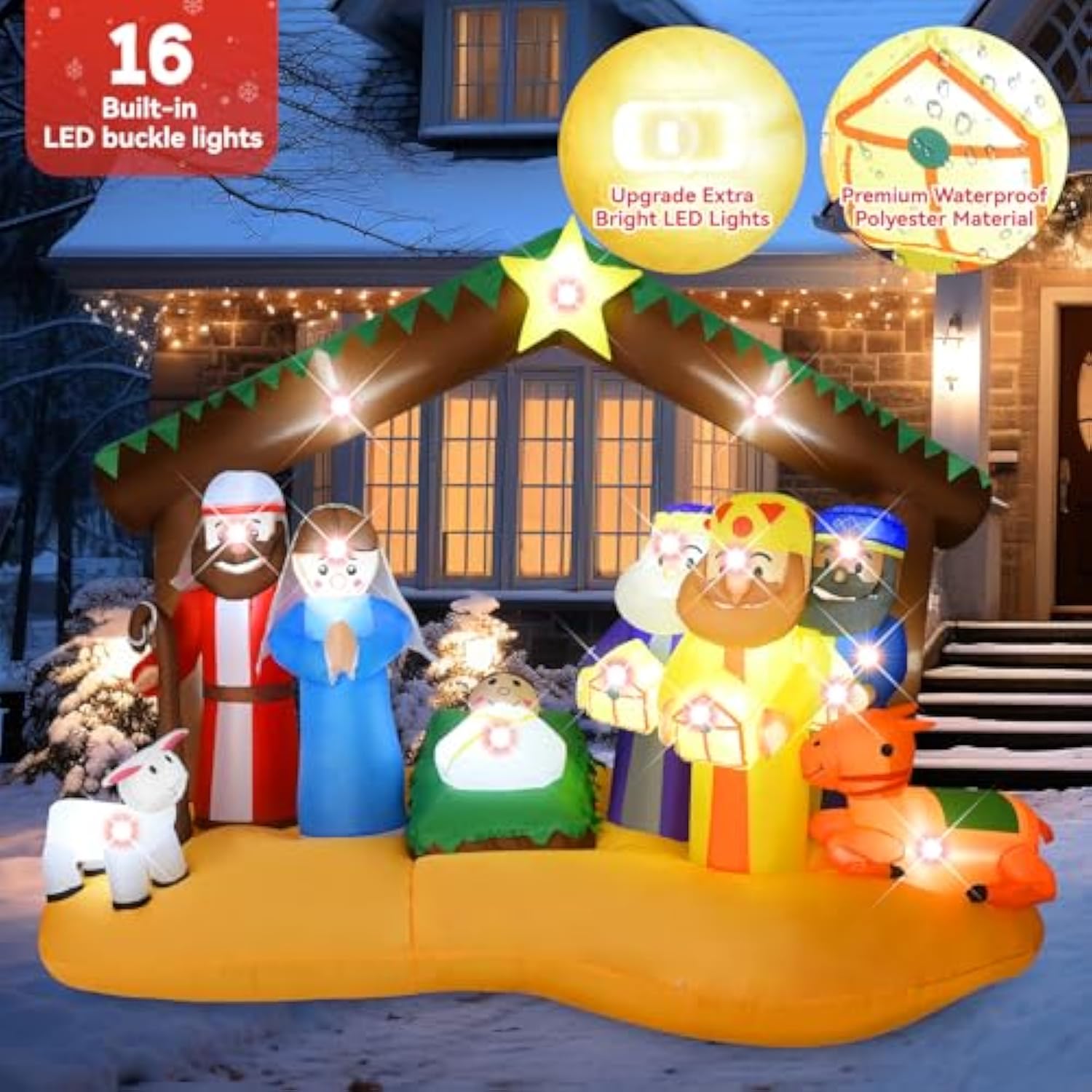 8Ft Christmas Inflatables Nativity Scene Outdoor Decorations With Led Lights, Large Nativity Set, Blow Up Christmas Infl