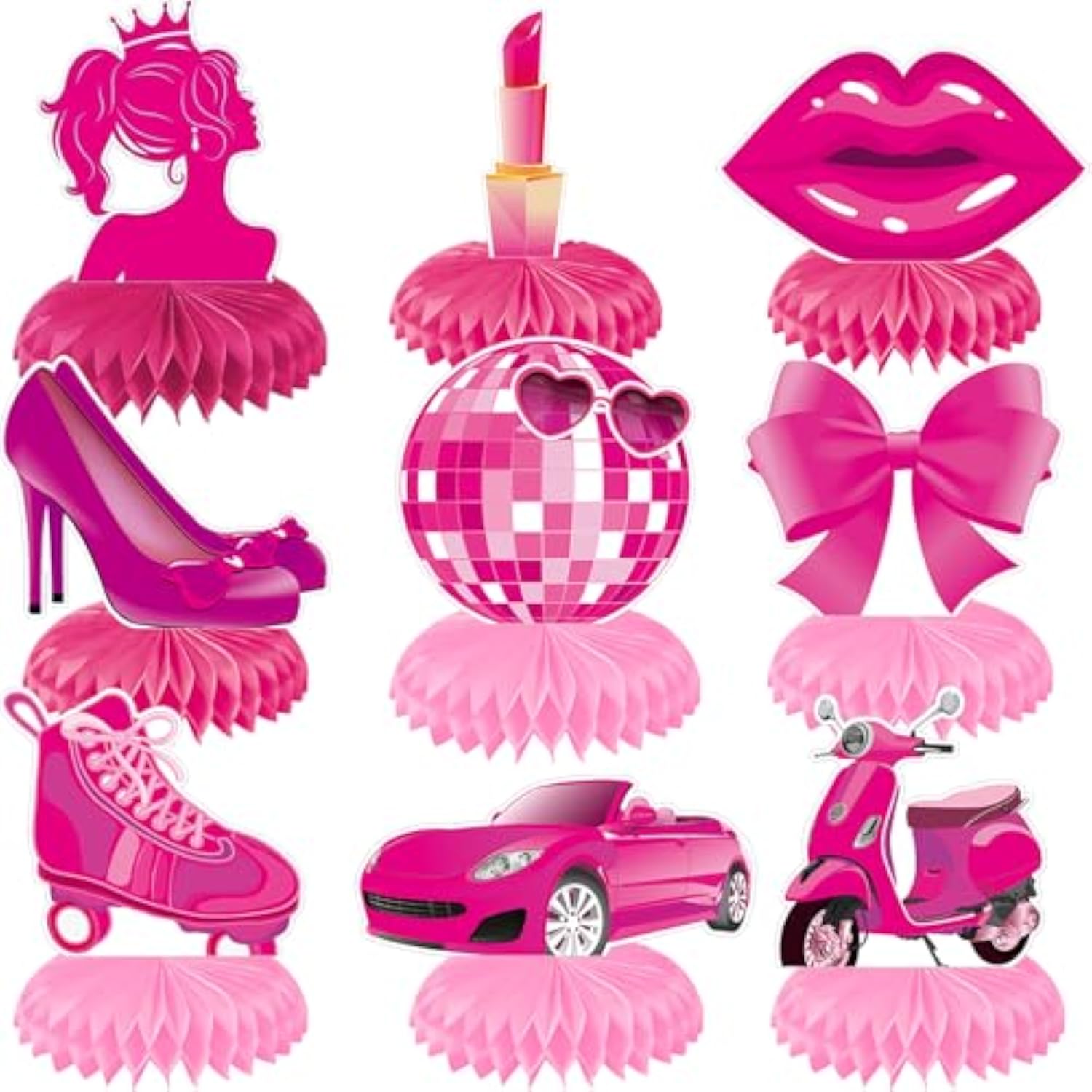 9pcs Pink Princess Honeycomb Centerpieces for Girls Birthday, Bridal & Baby Shower