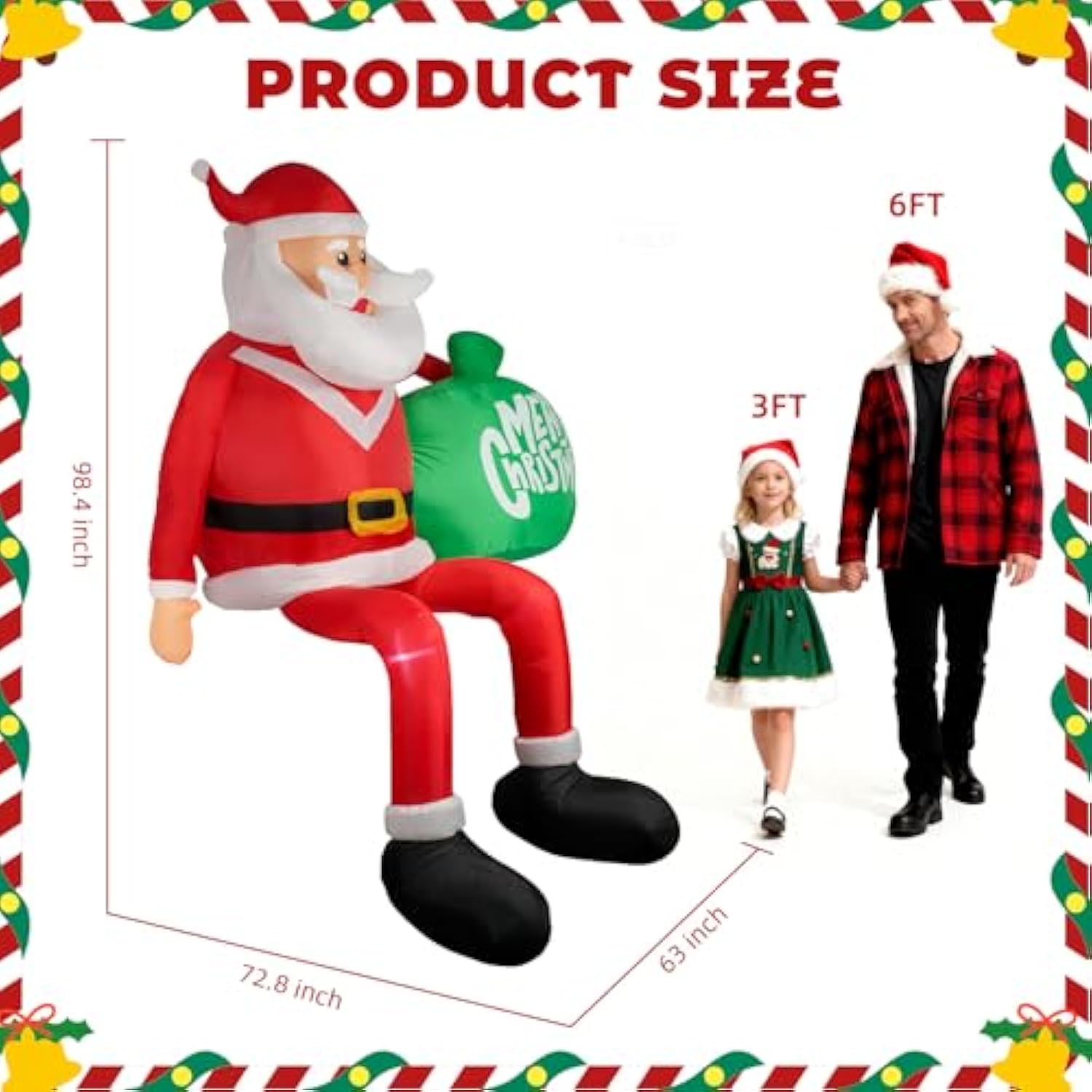 Christmas Inflatable Santa Claus, Outdoor Decorations Sitting Santa Claus Build-In Led Lights, Blow Up Santa Carrying Gi