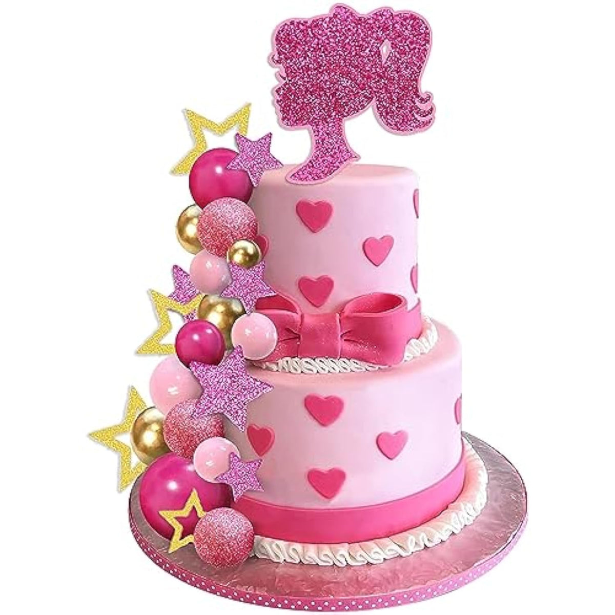 36pcs Hot Pink Cake Toppers — Pink & Gold Balls with Shiny Stars for Parties