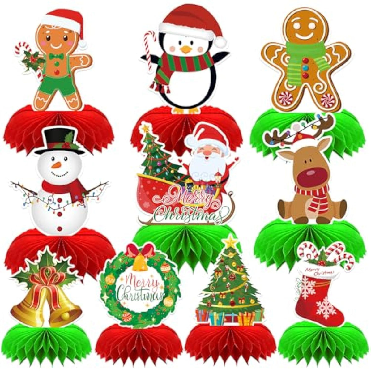 10 Pc Christmas Honeycomb Centerpieces with Gingerbread Snowman Santa for Table Decor