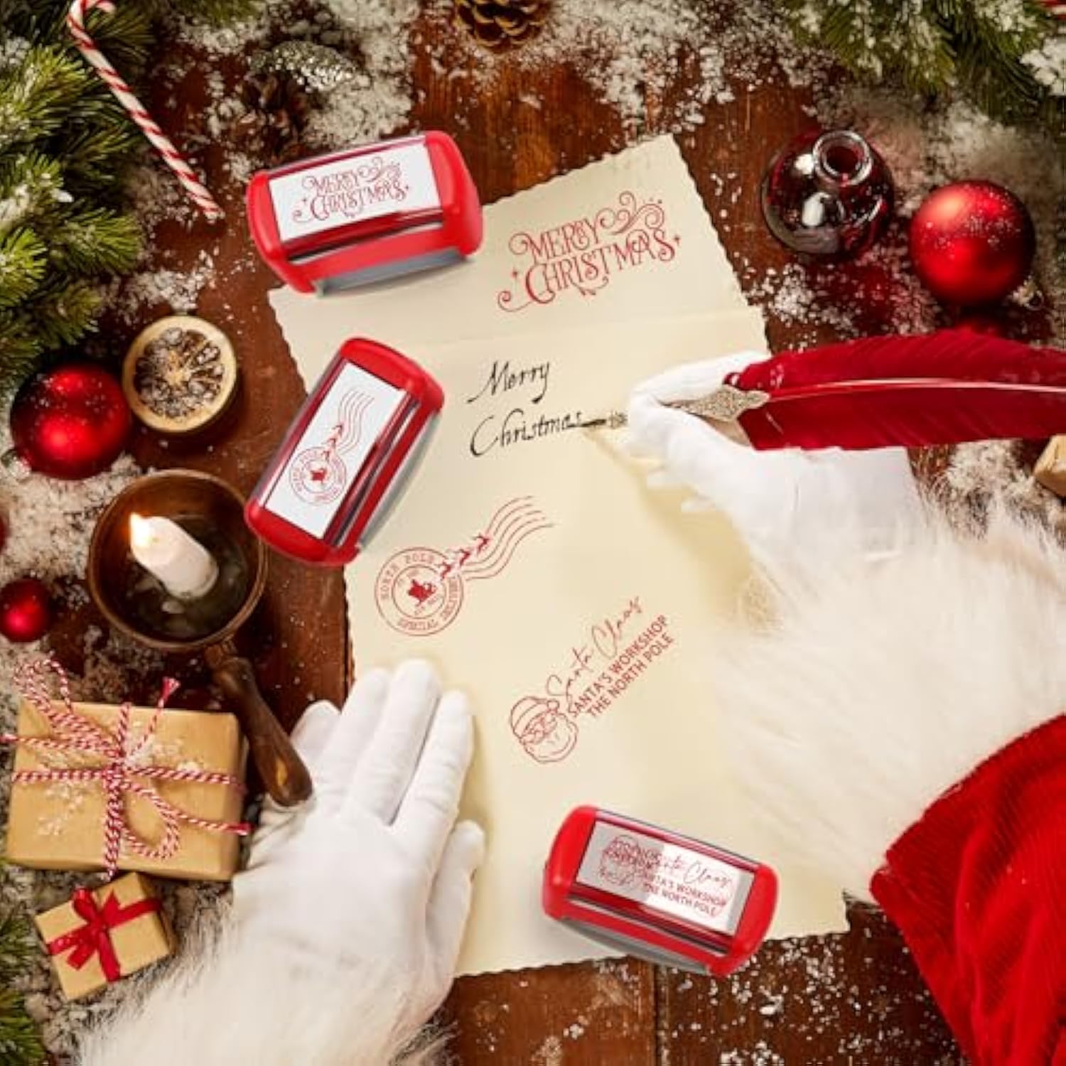 3 Pcs Christmas Self Rubber Stamps With Red Ink North Pole Self Inking Stamp Santa Claus Signature Reindeer Christmas Tag For Adults Office School Party (Red)