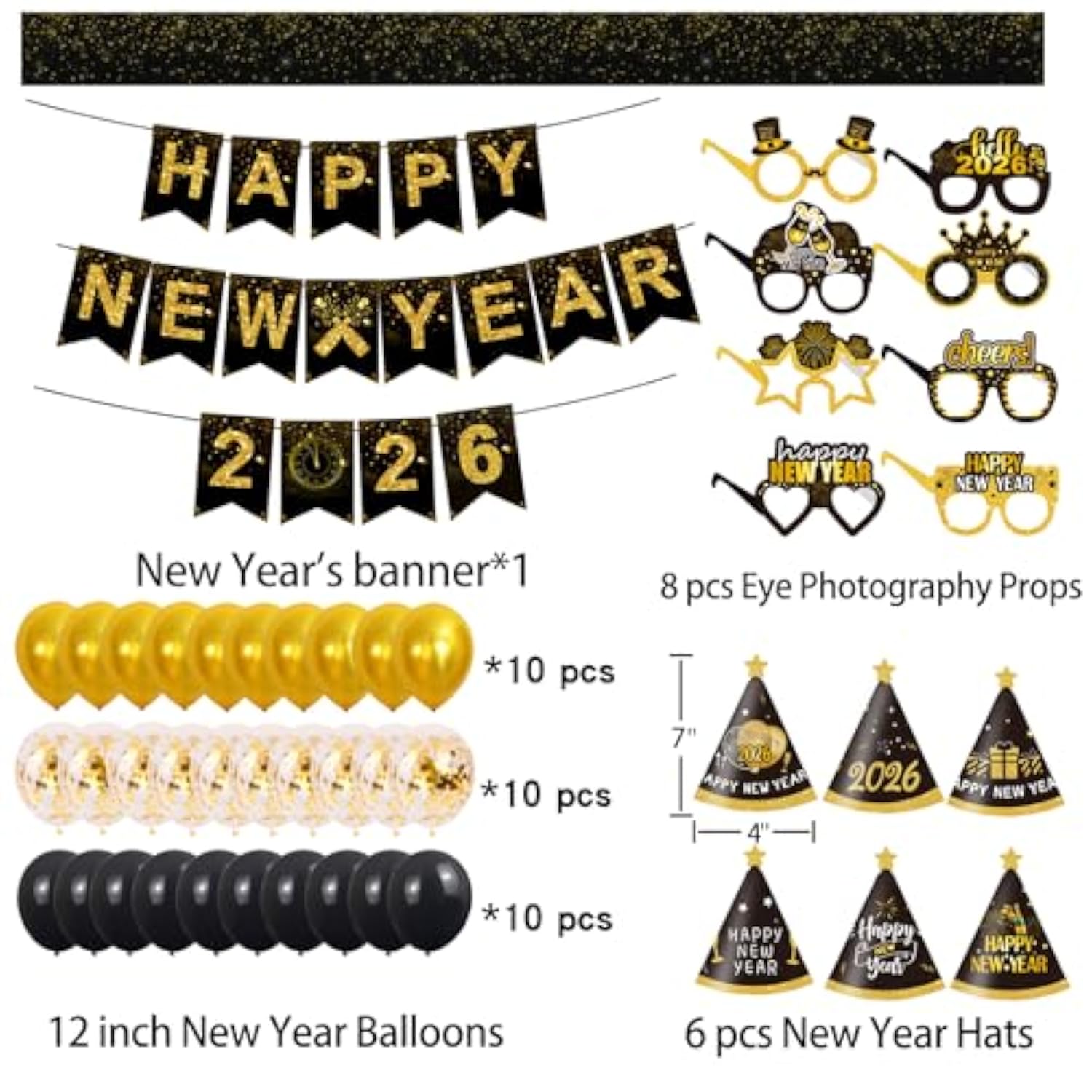 2026 New Year Party Kit with Hats, Balloons, Glasses, and Decorations