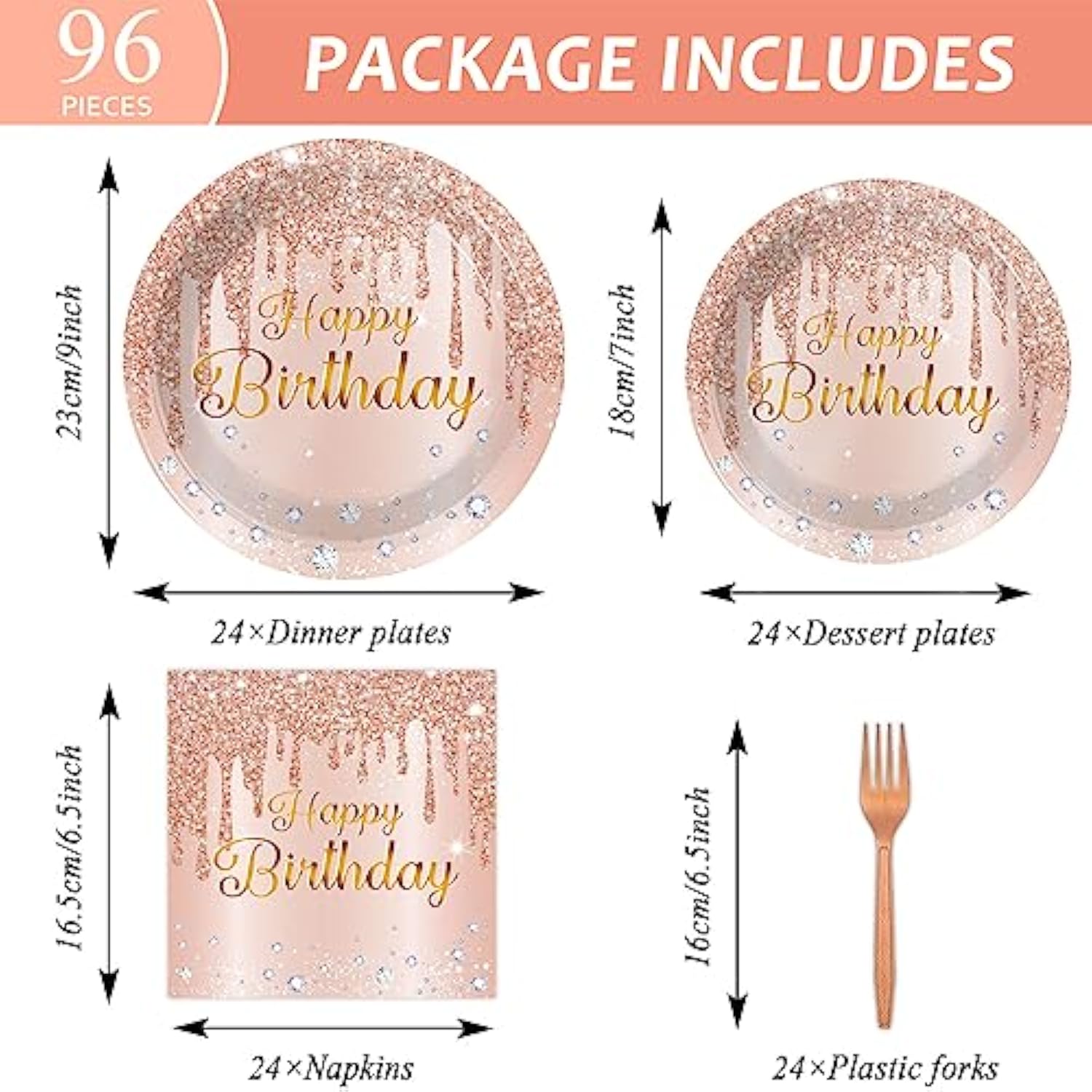 96 Pieces Happy Birthday Tableware Set For Pink Rose Gold Table Decorations Supplies Dessert Plates Napkins Forks Women 24 Guests Disposable Party Favors