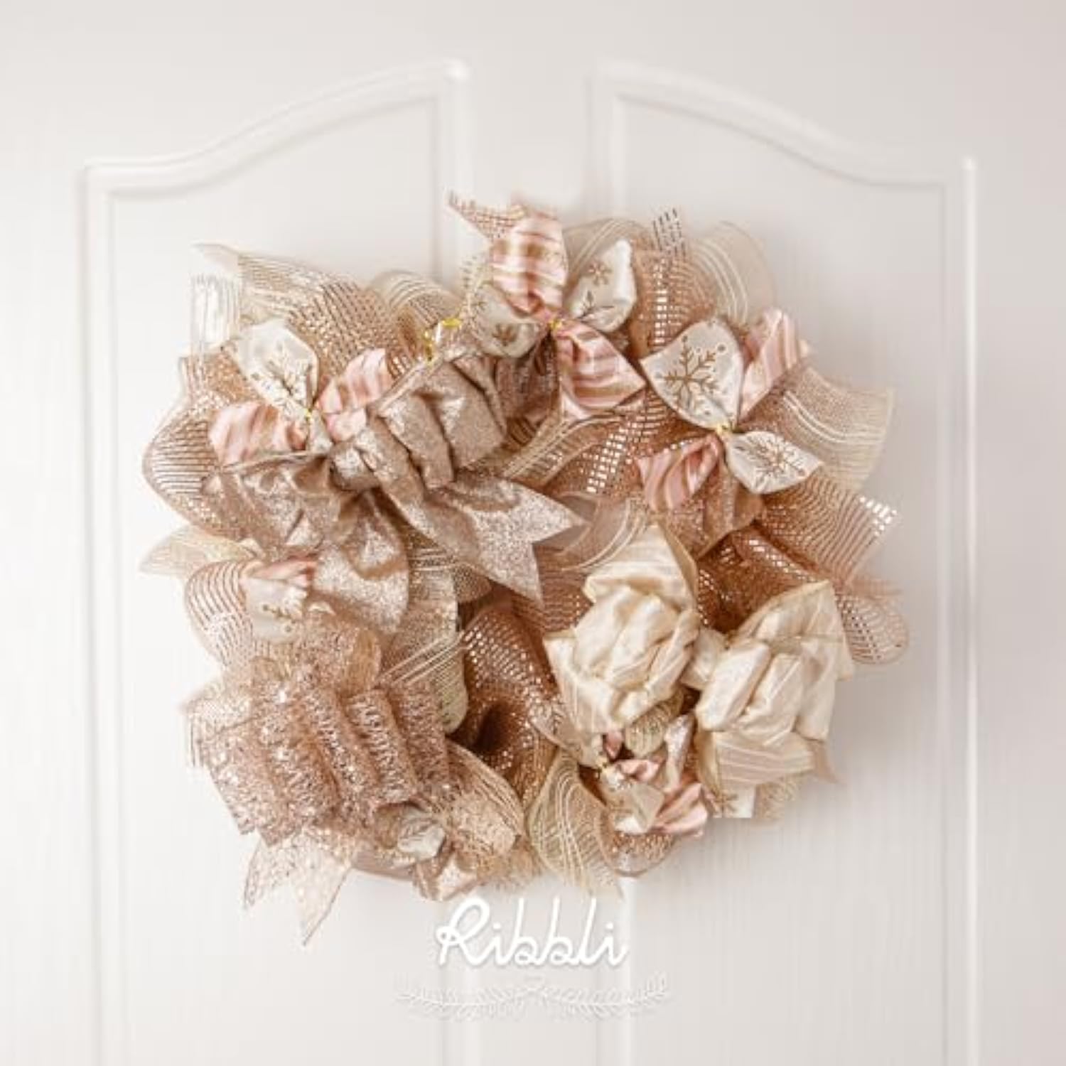 Rose Gold Snowflake Wired Ribbon,Ivory Satin With Big Glitter Snowflake Christmas Ribbon For Wreath Chritmastree Decoration Gift Wrapping Home Decor, 2-1/2 Inch X 10 Yards