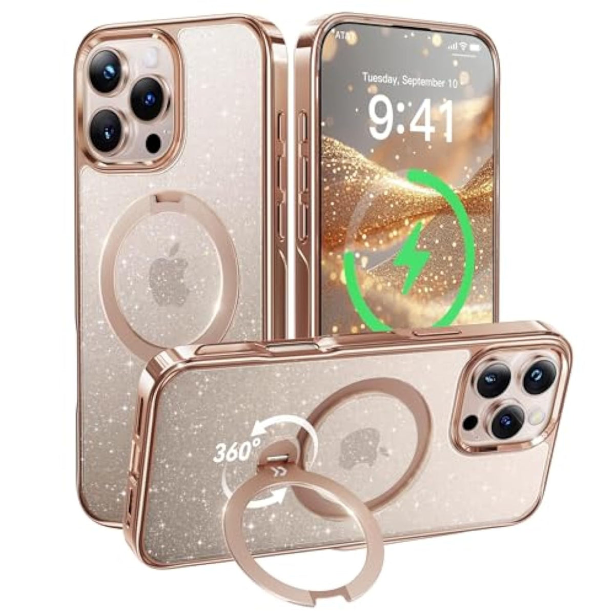 Glitter 360° Spin Built-In Magnetic Stand For Iphone 16 Pro Max Case, Fit For Magsafe, 16Ft Drop Protection, Chic Design For Iphone 16 Promax Case With Stand, Sparkle Rose Gold