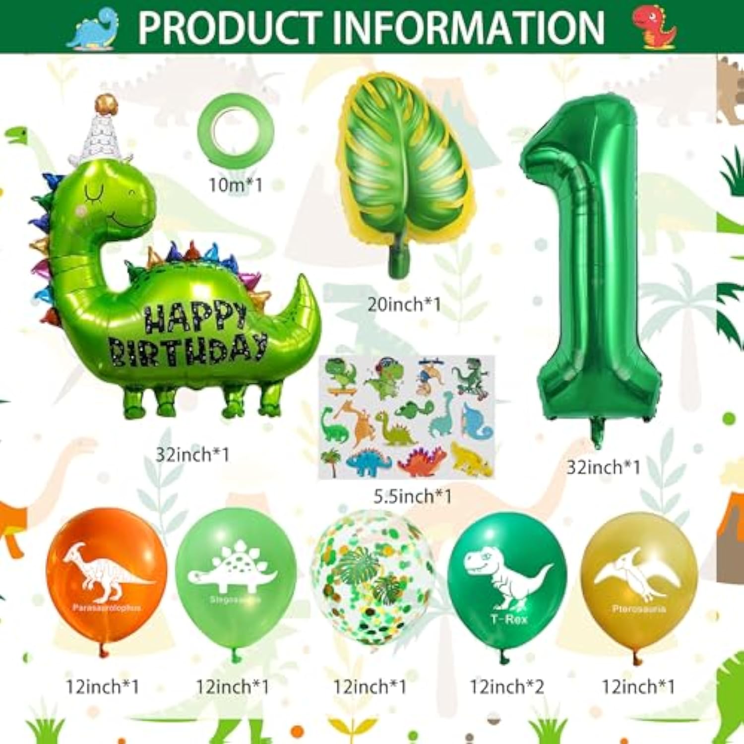 Green Dinosaur 1st Birthday Decor Set with Balloons & Tattoos for Kids