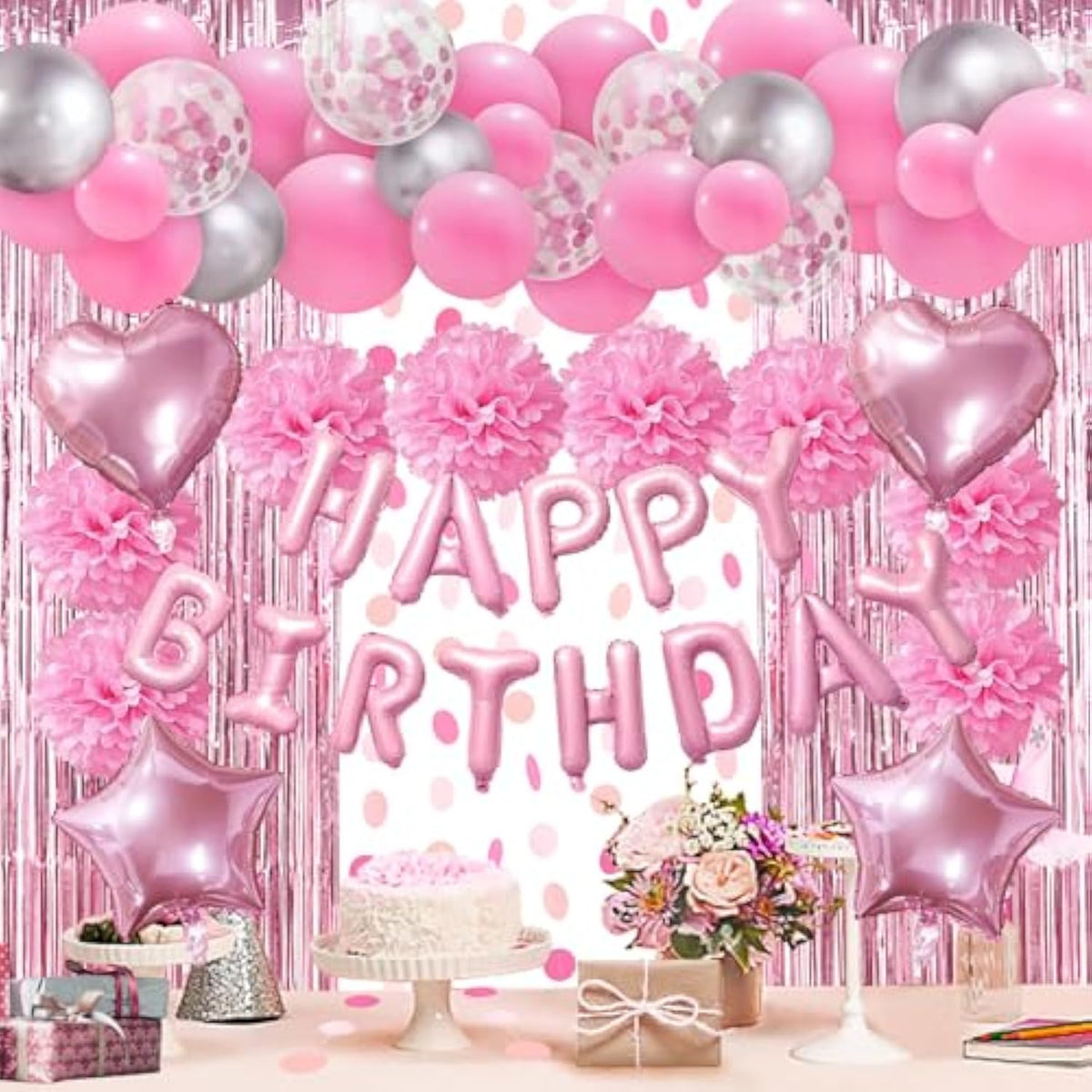 Pink Birthday Party Decorations - Pompoms, Balloons, Fringe Curtain & Banner For Baby Girls' Birthday Party