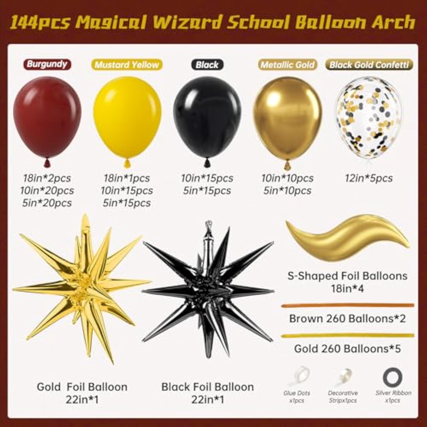 144Pcs Magical Wizard Balloons Arch Kit, Burgundy Mustard Yellow Black Metallic Gold Confetti Balloons S-Shaped Balloons 260 Balloons For Magic Themed Birthday Baby Shower Party Decorations