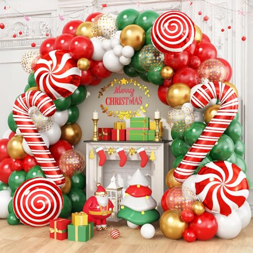 Christmas Balloon Garland Arch Kit, Red Green White Gold Balloons with Large Candy Cane Swirl Mylar Star Foil Balloons for Holiday Xmas Party Decorations