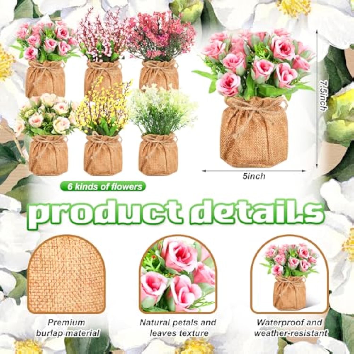 6 Pcs Artificial Potted Flowers Plastic Faux Flowers In Small Burlap Bag Vases Fake Spring Flower Table Centerpiece Fake Potted Plants For Home Farmhouse Office Kitchen Indoor Outdoor Table Decoration