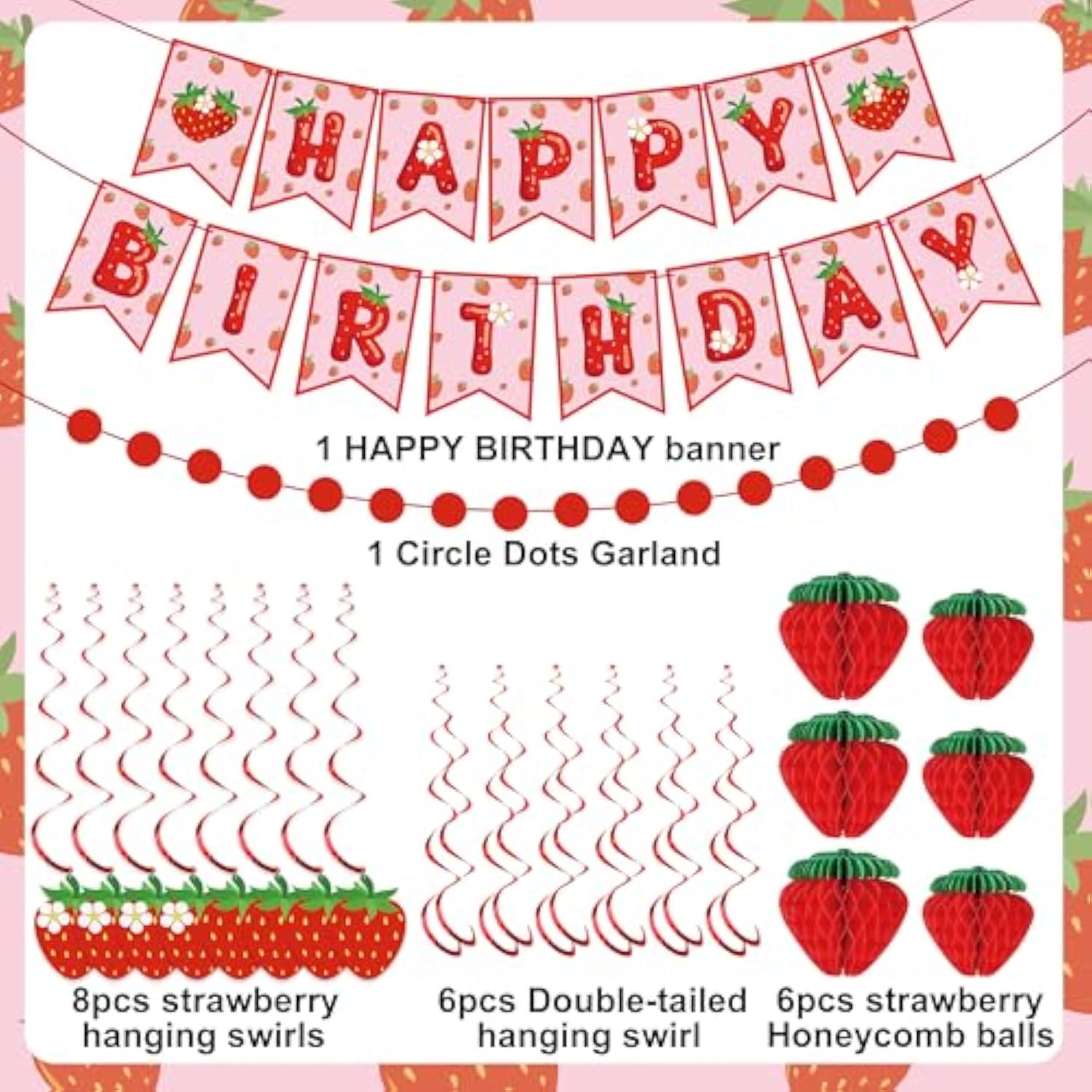 Strawberry Birthday Party Decorations Strawberries Happy Birthday Banner Honeycomb Balls And Hanging Swirls Strawberries Paper Banner Set For Strawberry Theme Birthdays Party Supplies