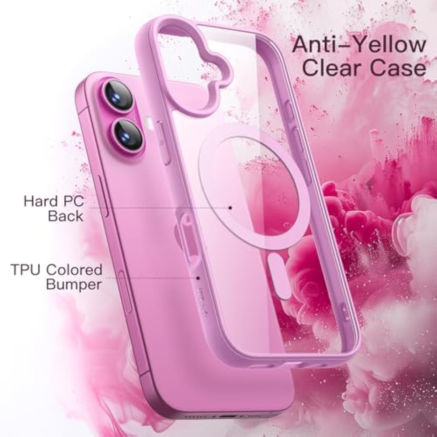 JETech Magnetic Case for iPhone 16 Plus 6.7-Inch Compatible with MagSafe, Shockproof Phone Bumper Cover, Solid Color Matte TPU Frame, Anti-Scratch Clear Back (Pink)