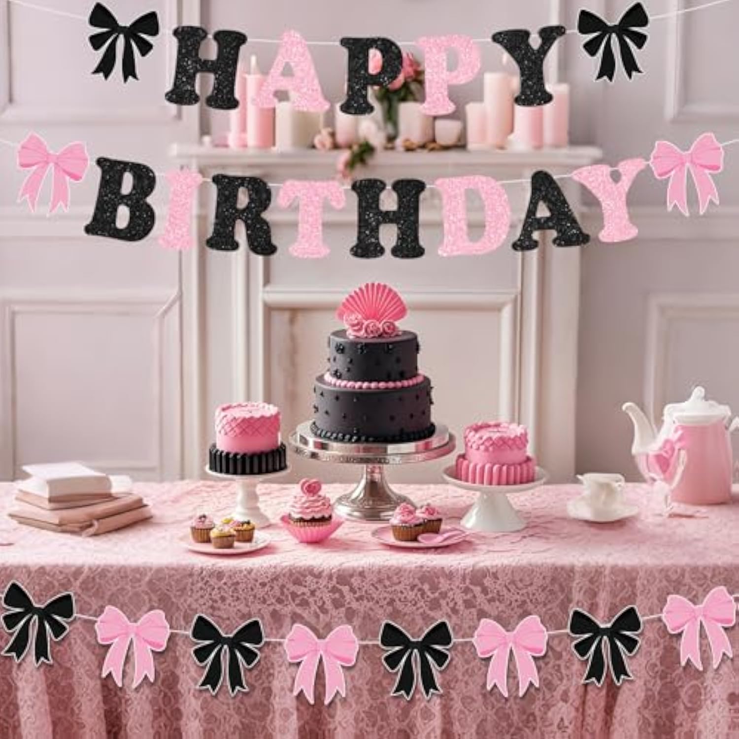 Pink & Black Bow Birthday Decorations Glitter Banner & Garland for Parties