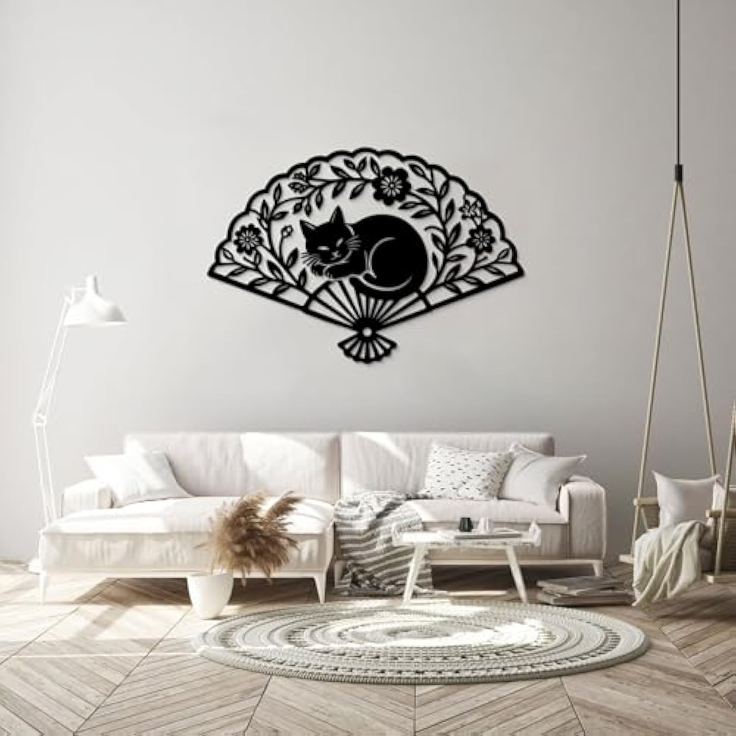 Bedroom Wall Art - Large Black Metal Fan Sleeping Cat Wall Decor Wall Sculpture Artwork For Cats Lover Minimalist Room Living Room Bathroom Office