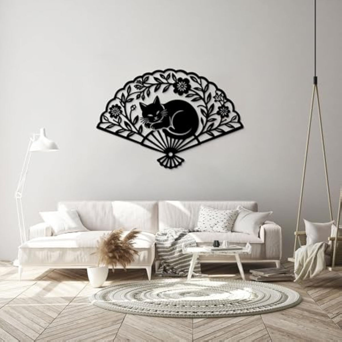 Bedroom Wall Art - Large Black Metal Fan Sleeping Cat Wall Decor Wall Sculpture Artwork For Cats Lover Minimalist Room Living Room Bathroom Office