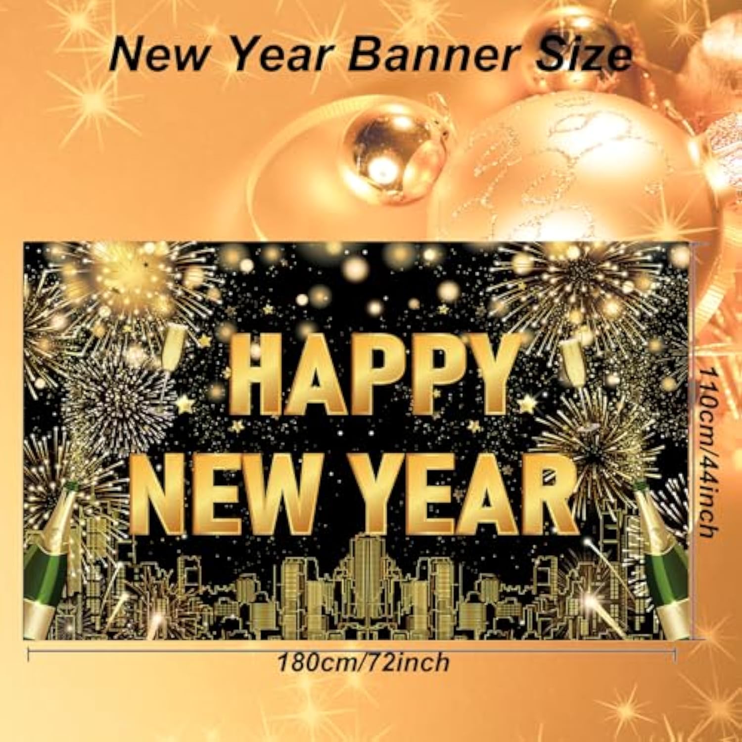 Large Happy New Year Backdrop Banner Black Gold 2026 Party Decorations