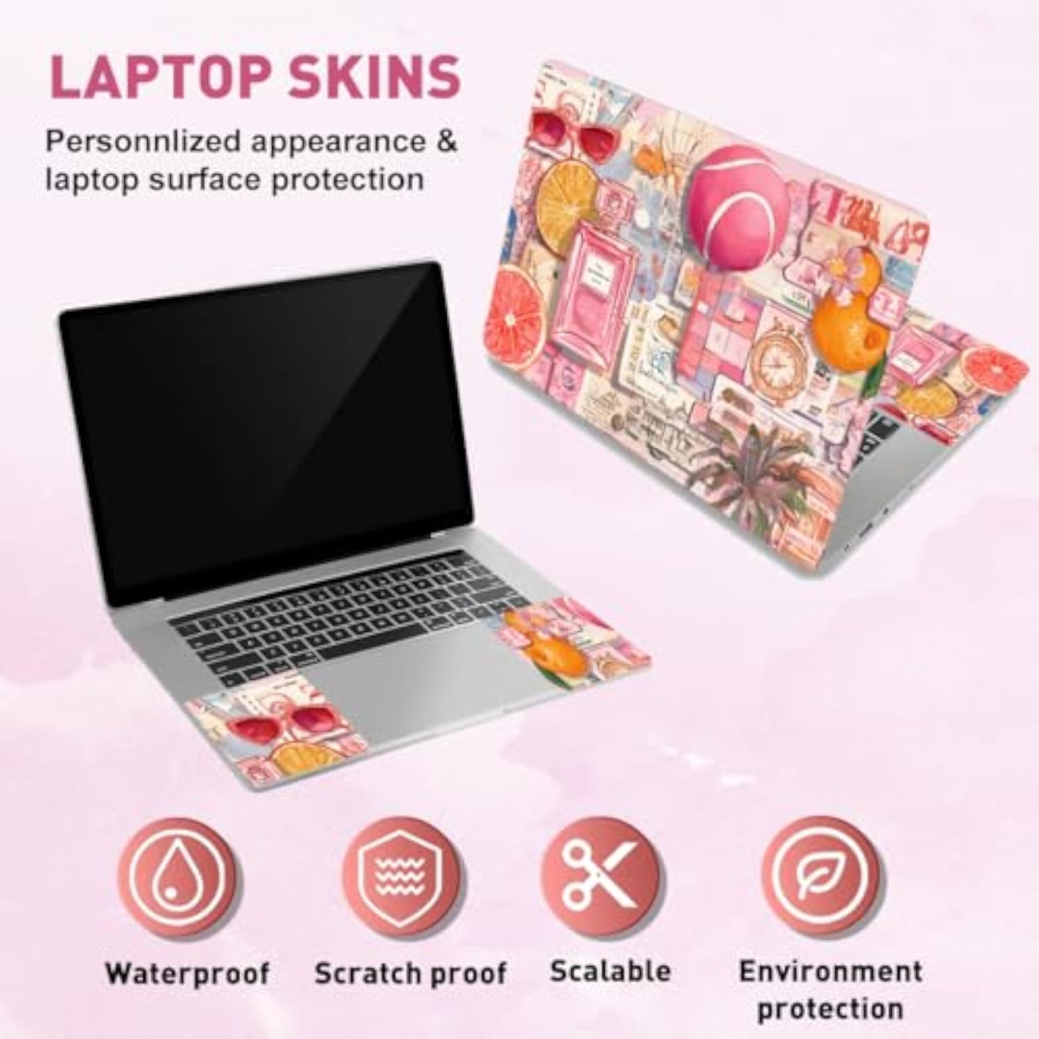 Pink Collage Pattern Laptop Skin Stickers Cutable Universal Size Fits 12" 13" 13.3" 14" 15 Inch Laptop Summer Style Removable Waterproof Notebook Art Decals Pc Protector Cover Sticker