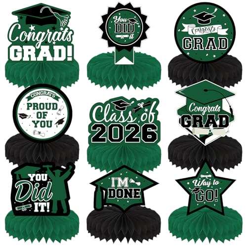 9Pcs Graduation Table Honeycomb Centerpieces, 2026 Green Black Congrats Grad Centerpieces for Tables Honeycomb for Class of 2026 Graduation Party Table Decorations