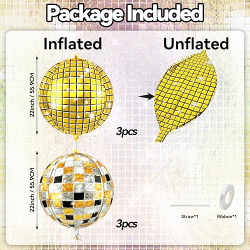 6pcs 22 Inch Multicolor Disco Ball Balloons, Gold Big Disco Balloons, Black Silver Gold 4d Large Foil Aluminum Balloon For Birthday Baby Shower 70s 80s 90s Theme Party Wedding Engagement Graduation