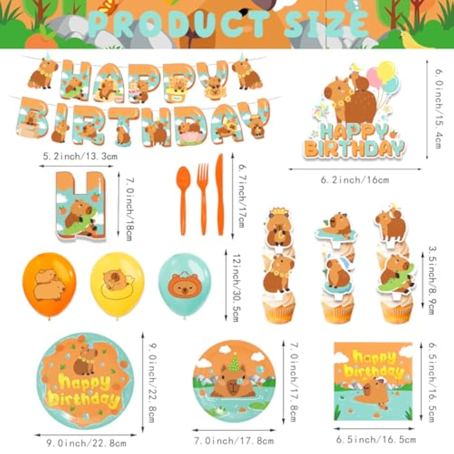 Capybara Party Decor Supplies Balloons Backdrop Banner Cake Toppers Tableware