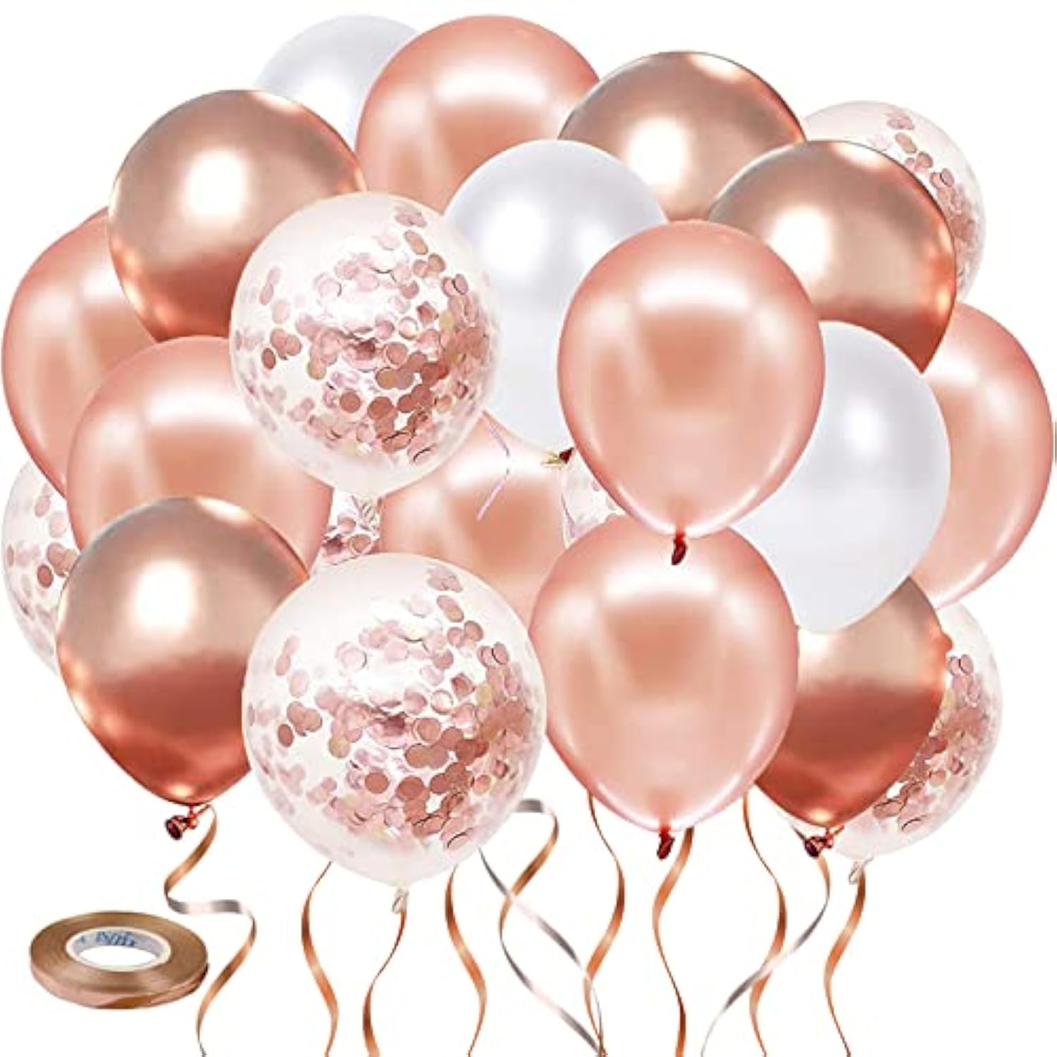 Rose Gold Confetti Balloons, 50Pcs 12 Inch Metallic Confetti White And Rose Gold Latex Balloons With 33 Feet String For Birthday Party Wedding Anniversary Gender Revea Decorations