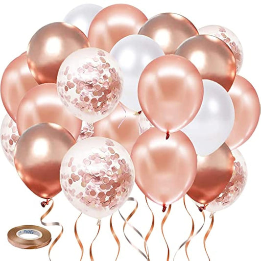 Rose Gold Confetti Balloons, 50Pcs 12 Inch Metallic Confetti White And Rose Gold Latex Balloons With 33 Feet String For Birthday Party Wedding Anniversary Gender Revea Decorations