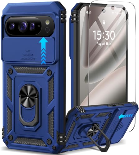 For Google Pixel 10 Pro Xl Case With Screen Protector & Slide Camera Lens Cover,Built-In 360°Rotate Magnetic Ring Stand Shockproof Protective Phone Case For Pixel 10 Pro Xl Case (Blue)
