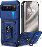 For Google Pixel 10 Pro Xl Case With Screen Protector & Slide Camera Lens Cover,Built-In 360°Rotate Magnetic Ring Stand Shockproof Protective Phone Case For Pixel 10 Pro Xl Case (Blue)
