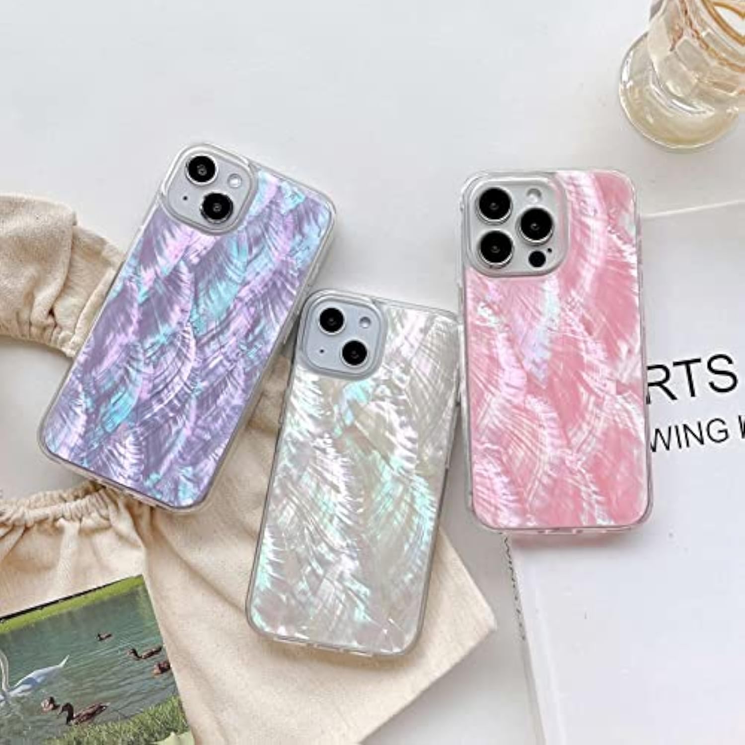Mother Of Pearl Glitter Phone Case For Iphone 13/Iphone 14,Bling Shiny Real Seashell Pattern Slim Glossy Sleek Stylish Trendy Protective Shockproof Girls Women I13/I14 Cover 6.1"