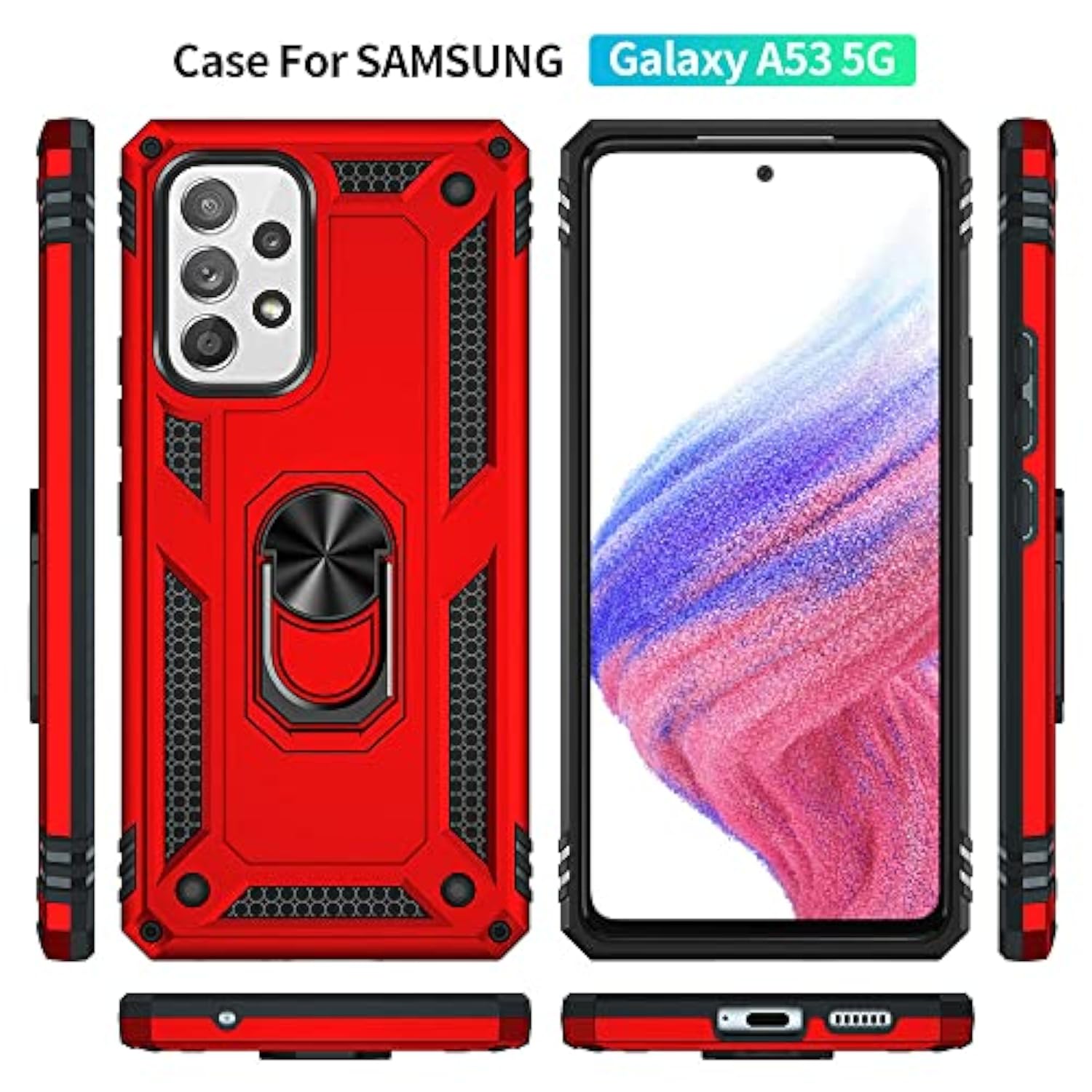 For Samsung A53 5G Case, Galaxy A53 5G Case With Hd Screen Protector, [Military Grade 16Ft. Drop Tested] Ring Shockproof Protective Phone Case For Samsung Galaxy A53 5G,Red