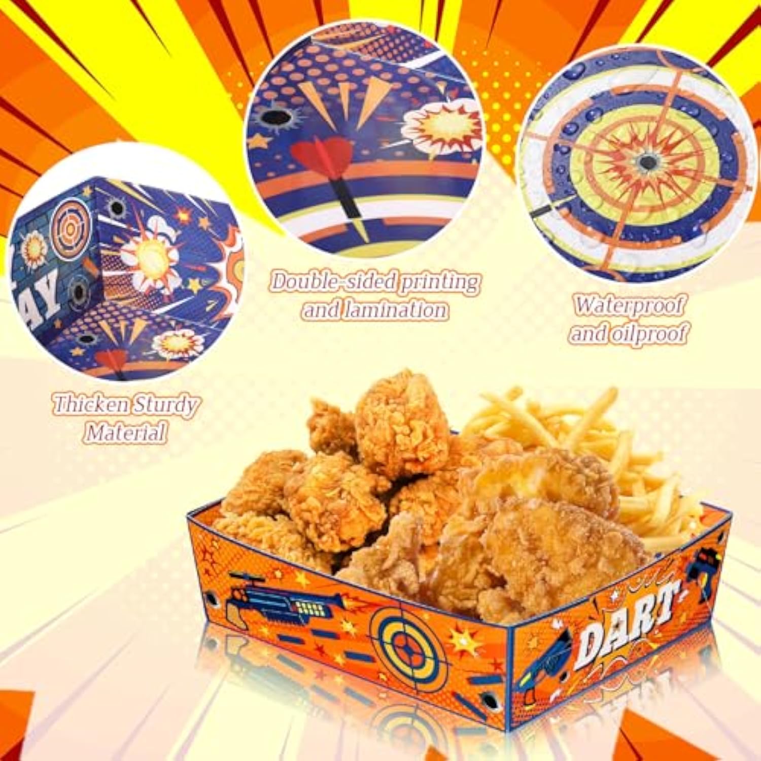36 Pack Dart Battle Party Supplies Food Trays 5 Lb Blue And Orange Boats Large Paper Food Snack Trays For Dart Party Fireworks Gun Kids Game Birthday
