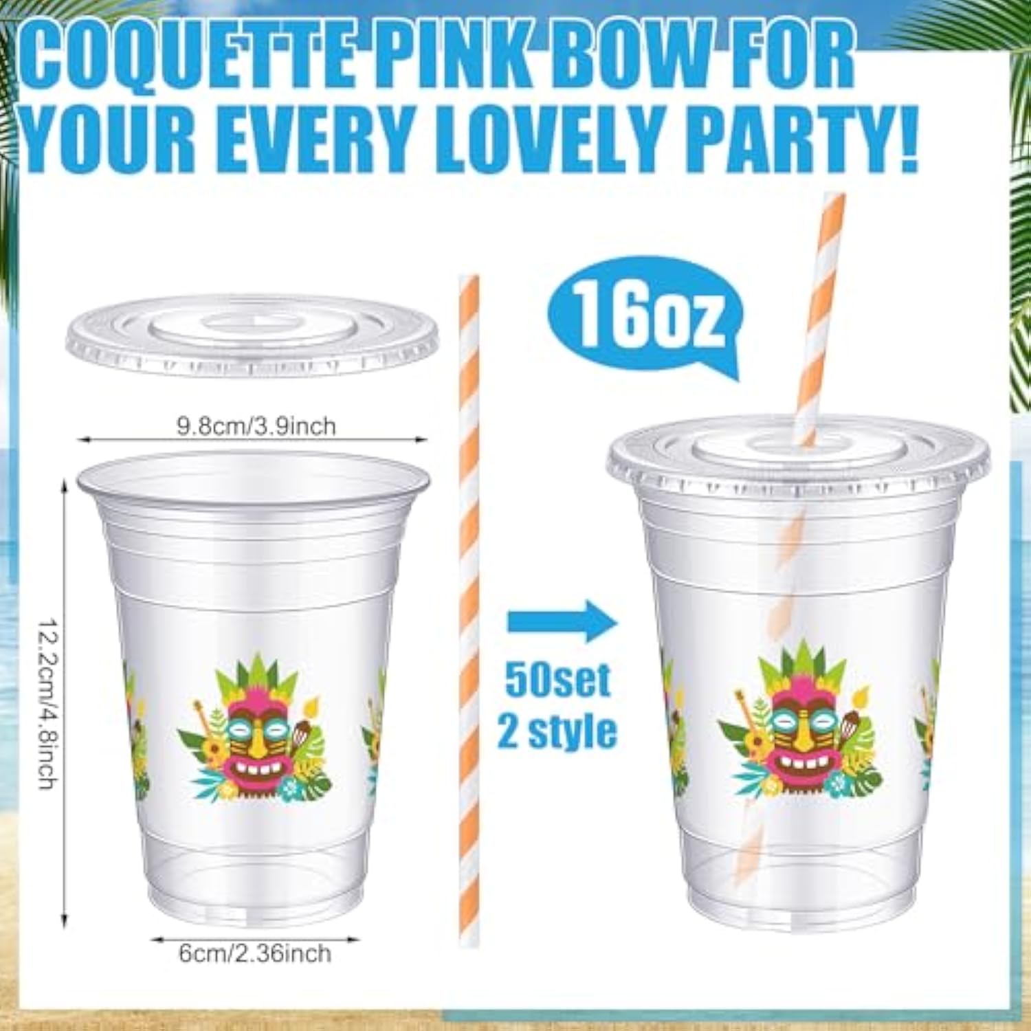 50 Pcs 16 Oz Tiki Bar Plastic Cups Bulk With Lids And Straws Disposable Tropical Clear Drinking Cups For Tiki Bar Party Favors Summer Decorations Hawaiian Luau Party Supplies