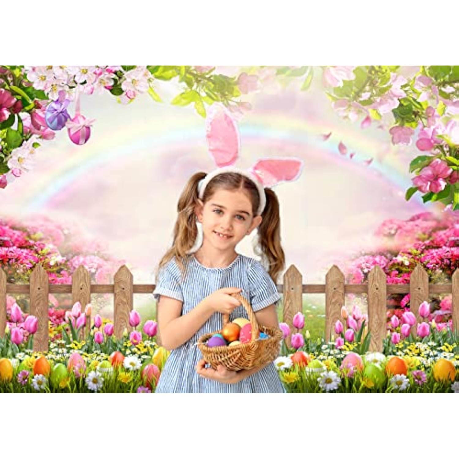 7X5Ft Easter Backdrop Spring Easter Photography Backdrop Green Grass Pink Floral Colorful Eggs Rainbow Nature Scenery Background Children Birthday Party Banner Easter Party Backdrop