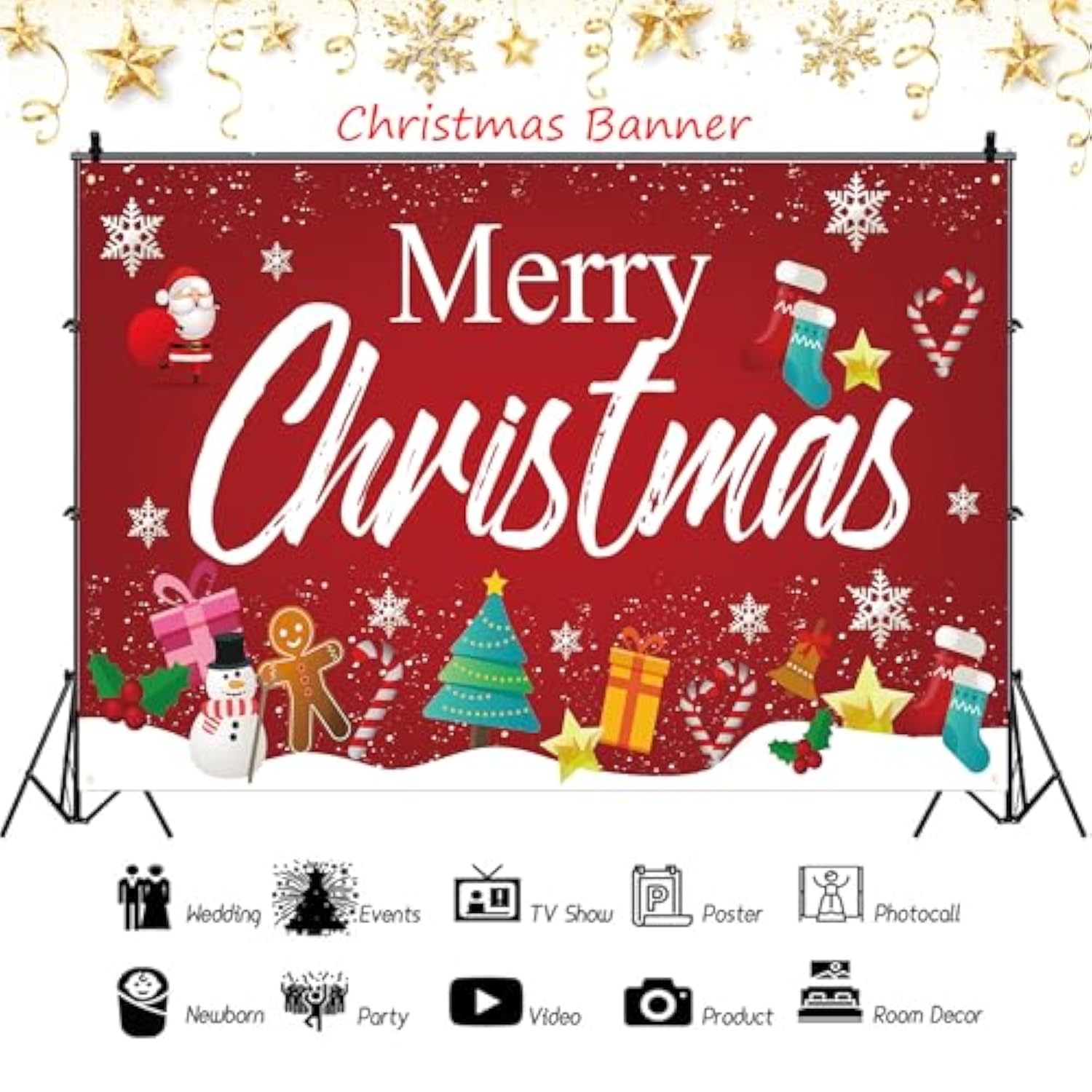 Merry Christmas Banner Decorations Outdoor Hanging Banner Bunting Flags Christmas Background Backdrop Banners Photo Props Xmas Party Supplies Set For Indoor Wall