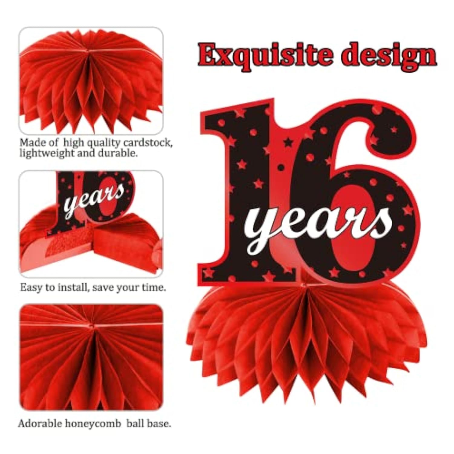 Red Black 16Th Birthday Decorations Table Honeycomb Centerpieces, 8Pcs