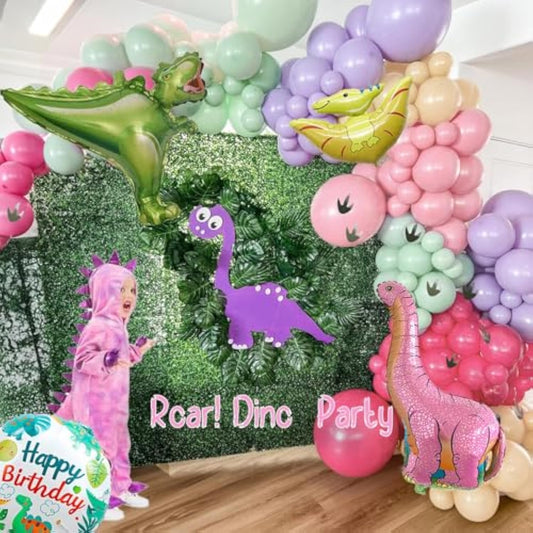 Pink Dinosaur Balloon Garland Kit 150Pcs Pastel Pink Green Purple Balloon And Foil Dinosaur Balloon & Footprint Sticker For Girl Dino Theme Birthday Baby Shower Decorations