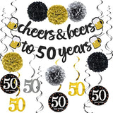 50th Birthday Banner for Men with Pom Poms and Hanging Swirls