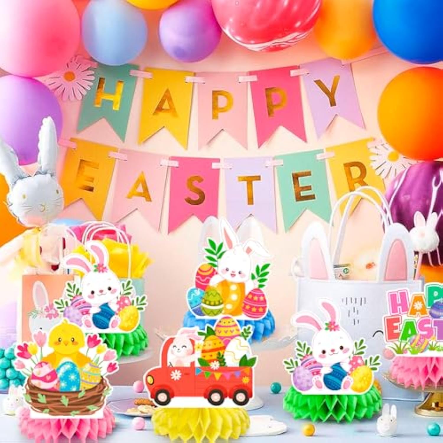 9Pcs Happy Easter Honeycomb Decorations, 3D Easter Table Decorations Spring Honeycomb Centerpiece For Table Decorations Bunny Easter Egg Centerpieces Decor For Easter Party Family Gathering