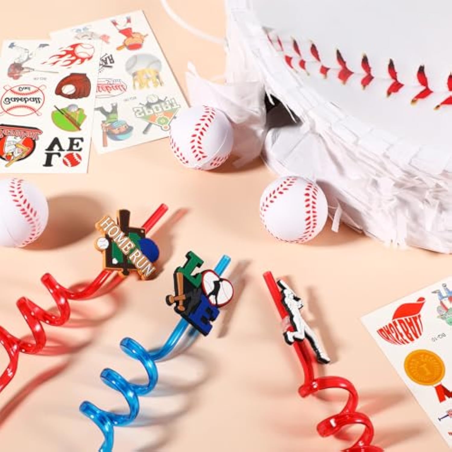 60 Pcs Baseball Party Favors Set 1 Baseball Piñata Bat 1 Blindfold 1 Bag Of Confetti 12 Silicone Bracelet 12 Straws 12 Ball 20 Sticker For Sport Birthday Party Supplies